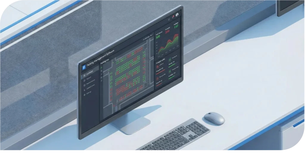 จะมีซอฟต์แวร์ควบคุม เพื่อเชื่อมต่อข้อมูลในการบริหารจัดการลานจอด