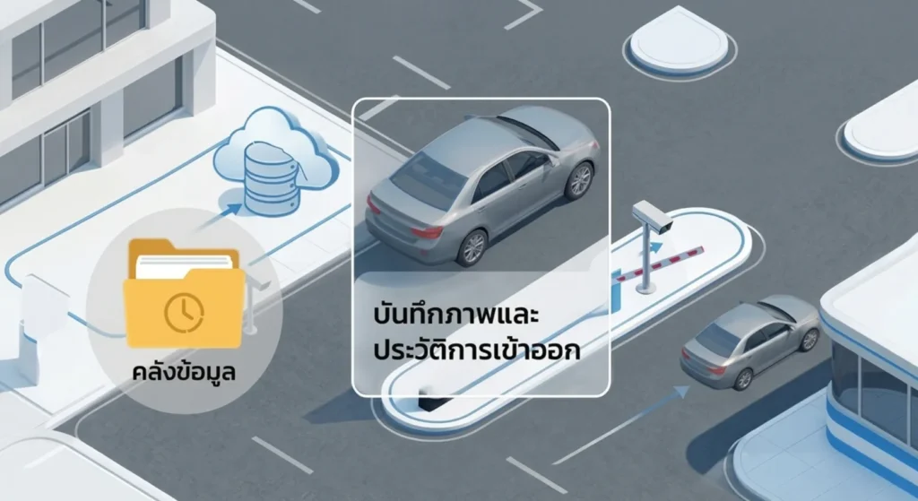 ระบบบันทึกภาพทะเบียนรถ พร้อมวันเวลา และประวัติการเข้าออกไว้เพื่อตรวจสอบย้อนหลัง
