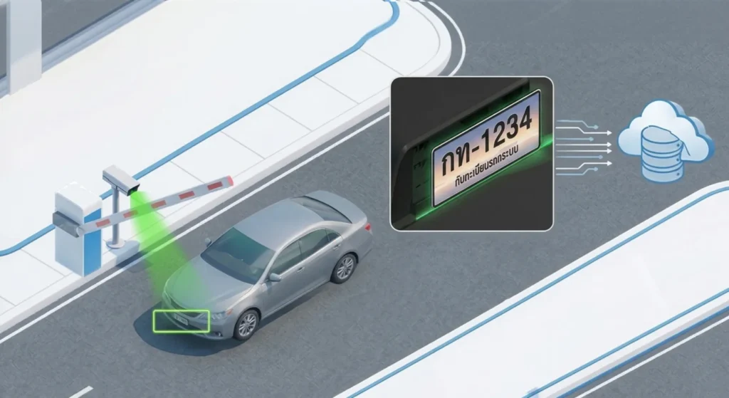 เมื่อรถเข้ามา กล้องจะอ่านป้ายทะเบียนและส่งข้อมูลไปตรวจสอบกับฐานข้อมูล