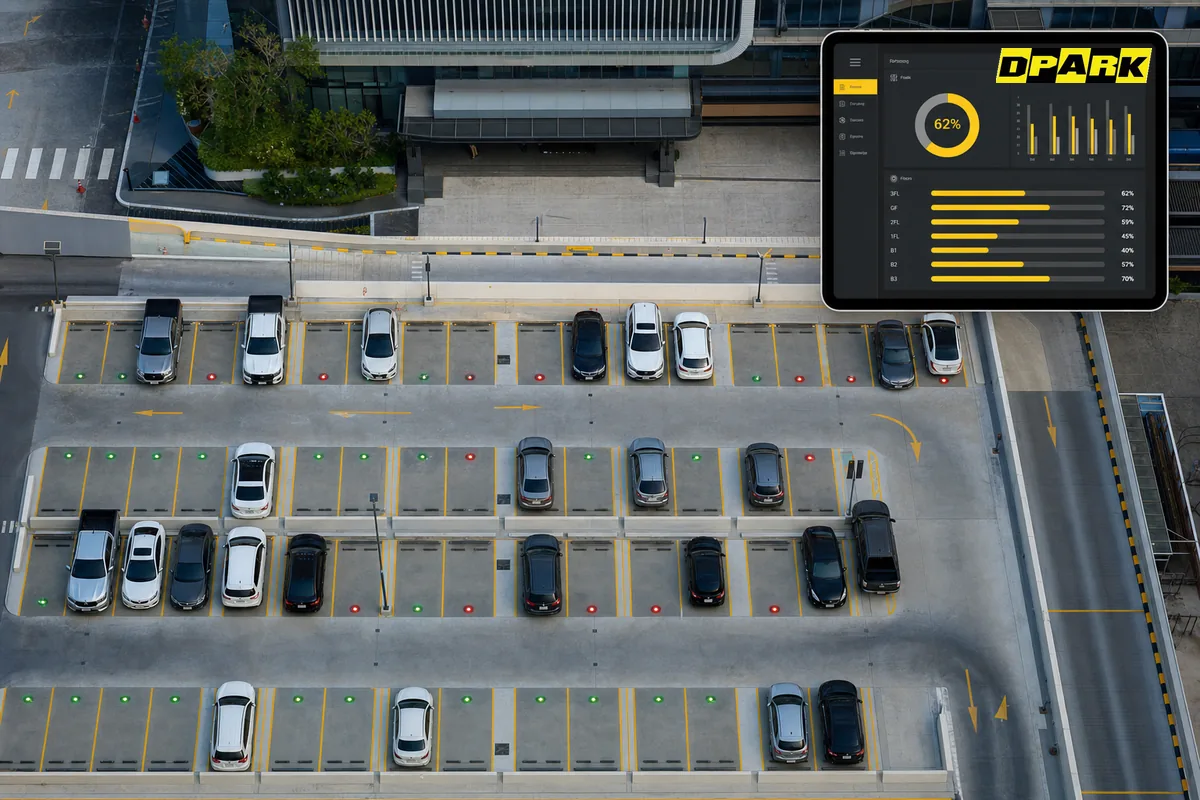 เซนเซอร์ตรวจจับช่องจอดรถ IoT DPARK ติดตั้งบนพื้นแต่ละช่อง แสดงสถานะว่าง/ไม่ว่าง Realtime
