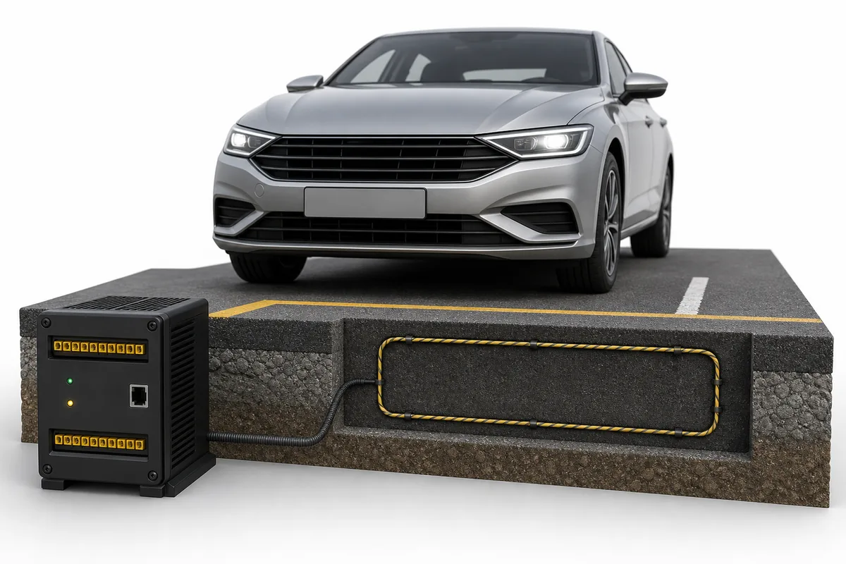 ภาพประกอบ Loop Sensor และสายลูปฝังใต้พื้นสำหรับตรวจจับรถที่ทางเข้าออก