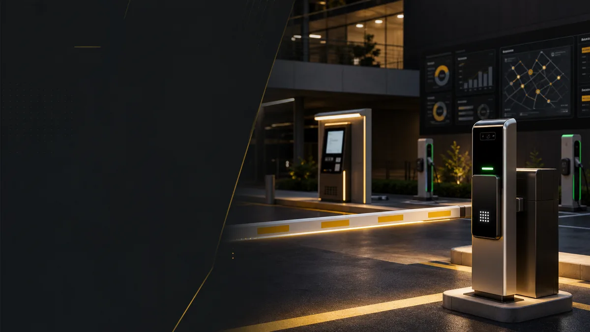 ทางเข้าลานจอดรถที่รวมระบบ LPR ไม้กั้น ตู้ชำระเงิน และสถานีชาร์จ EV