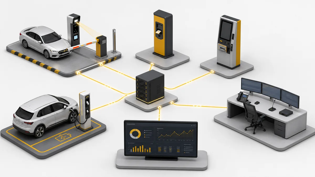 แผนภาพการเชื่อมต่อระบบ LPR ไม้กั้น ตู้ชำระเงิน EV charger และศูนย์ควบคุม
