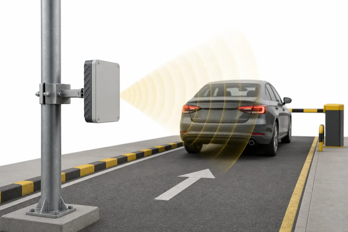 ภาพประกอบ Radar Sensor ติดตั้งเหนือพื้นเพื่อตรวจจับรถที่ช่องทางเข้าออก